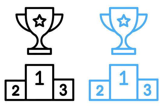 Black and blue outline trophy cup with star and podium with numbers 1 2 3