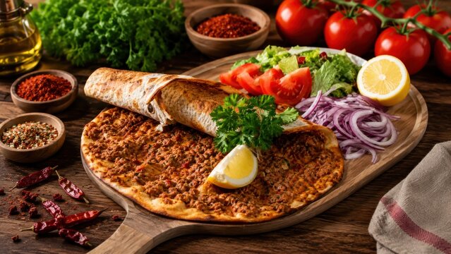 Knuspriger Lahmacun mit w&uuml;rzigem Hackfleischbelag, frischem Salat, Tomaten, roten Zwiebeln, Petersilie und Zitrone. Beliebte t&uuml;rkische Spezialit&auml;t rustikal angerichtet.