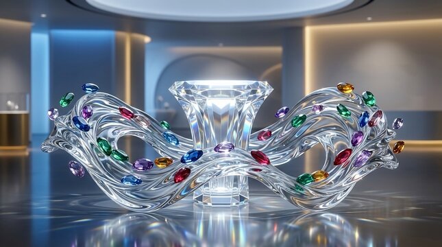 Sparkling diamond and colorful gemstone ornate jewelry display sculpture