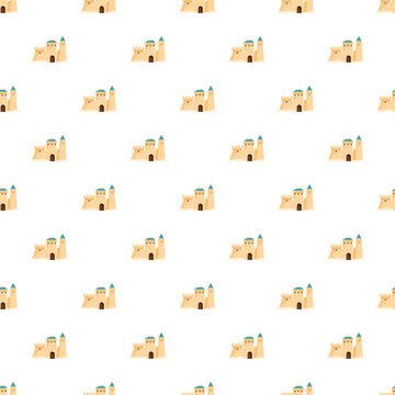 Sandcastle pattern with teal turrets repeating on a white background, evoking childhood beach memories