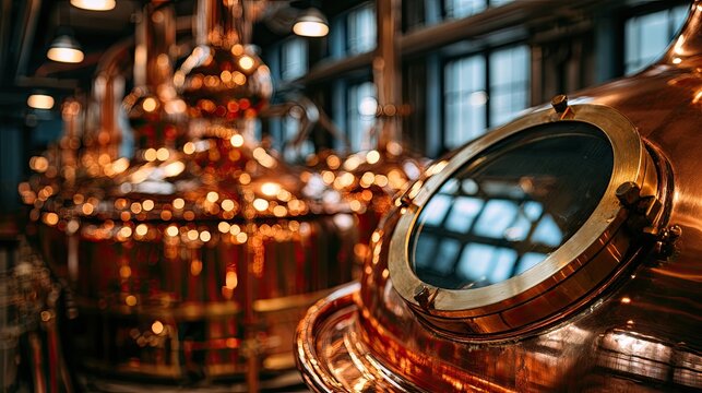 Close-up of gleaming copper stills with circular windows in a dim distillery
