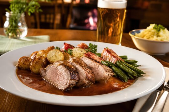 Saftig gebratene Schweinelende mit kr&auml;ftiger Bratenso&szlig;e, kleinen Kartoffeln, gr&uuml;nen Bohnen und Speck. Herzhaftes Hauptgericht in gem&uuml;tlicher deutscher Restaurantatmosph&auml;re.