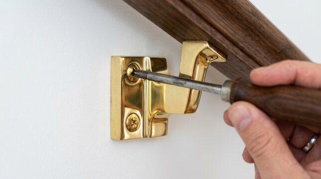 A hand tightens a brass door hinge with a screwdriver.