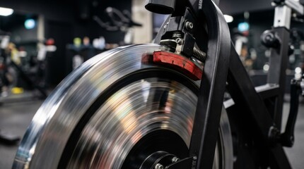 Fototapeta premium A close up shows a spinning gym flywheel with a red brake pad.