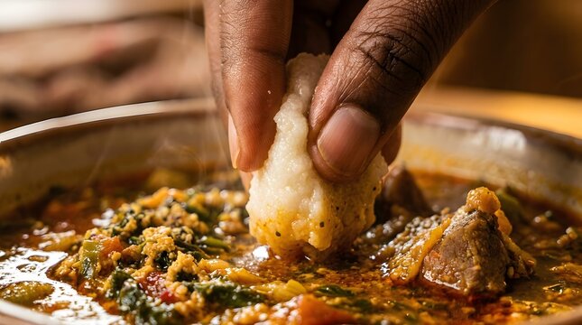 Hand pressing cooked fufu dough in traditional african meal preparation, person mashing cassava and plantain mix for authentic west african cuisine, perfect for national fufu day