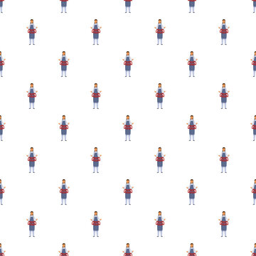 Butcher woman worker in apron holding sausages in a seamless pattern