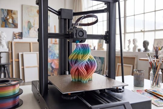 Modern 3D printer creating a colorful, artistic sculpture in a bright, art studio environment with paintings and busts.