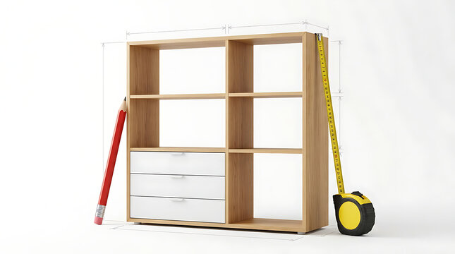 Conceptual 3D Render of a Wooden Shelving Unit with Red Pencil and Yellow Measuring Tape