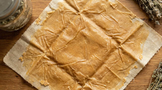 Beeswax cloth wrap macro showing texture and natural color, ideal for eco friendly storage