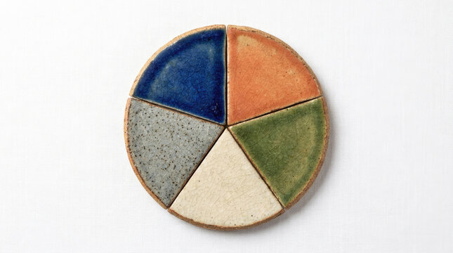 Ceramic pie chart with four segments blue, orange, green, and gray colors, showcasing unique