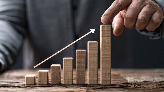 A close-up of a hand demonstrating upward growth with wooden blocks, symbolizing progress and success in business. Perfect for marketing, finance, and motivational themes.