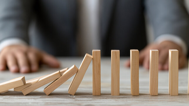 A close-up of wooden domino blocks tipping over in a domino effect, symbolizing cause and effect in business decisions