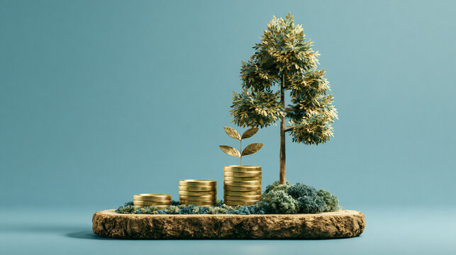 A conceptual representation of growth and sustainability, featuring a green tree alongside stacking coins, symbolizing the balance between nature and financial prosperity.
