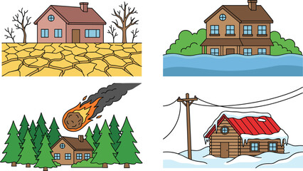Cartoon House Natural Disaster Illustration Set with Bold Outlines Featuring Extreme Drought Climate Flood Water Meteor Strike and Winter Blizzard Storm Vector © Fahim