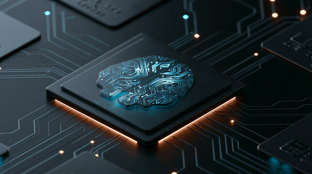 A detailed view of a microchip with an illuminated neural circuit design, symbolizing advanced artificial intelligence and machine learning technology.