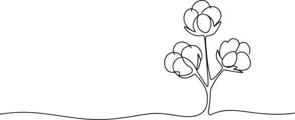 Fototapeta premium Minimalist black line of three cotton bolls on a stem against a white background
