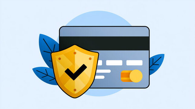 A digital illustration of a secure credit card surrounded by leaves, symbolizing online safety and protection in financial transactions. Ideal for promoting secure payment methods.