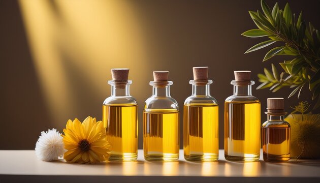 Sweet Smelling Oils In Jars Sit On A Plain Surface Hinting At Relaxation