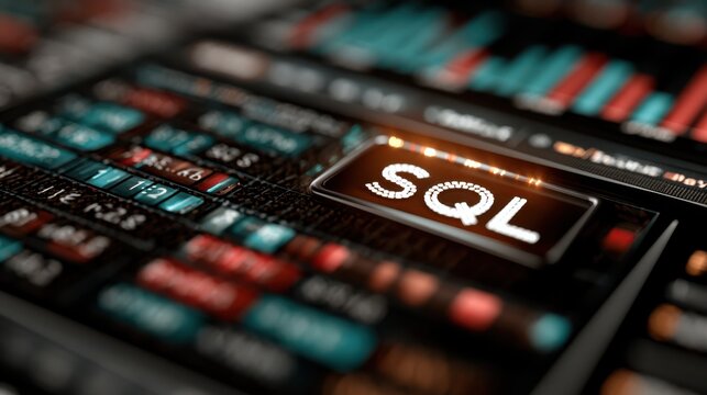 A close-up of a digital interface displaying the term "SQL" surrounded by complex data and code elements, highlighting database technology.