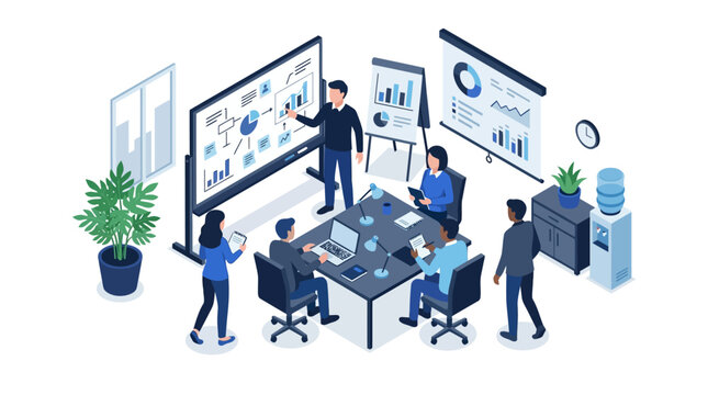 Isometric business presentation with team brainstorming and analyzing data charts