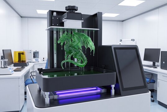 Advanced 3D printer creating a detailed green dragon model in a modern laboratory setting with UV light.