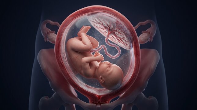 A detailed illustration of a fetus in the womb with umbilical cord and placenta