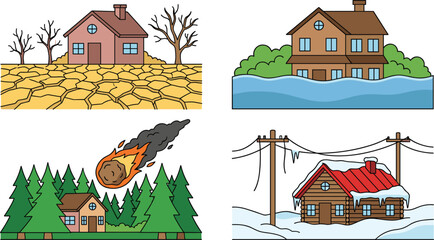 Cartoon House Natural Disaster Illustration Set with Thick Outlines Featuring Extreme Drought Climate Flood Water Meteor Strike and Winter Blizzard Storm Vector © MstRakha