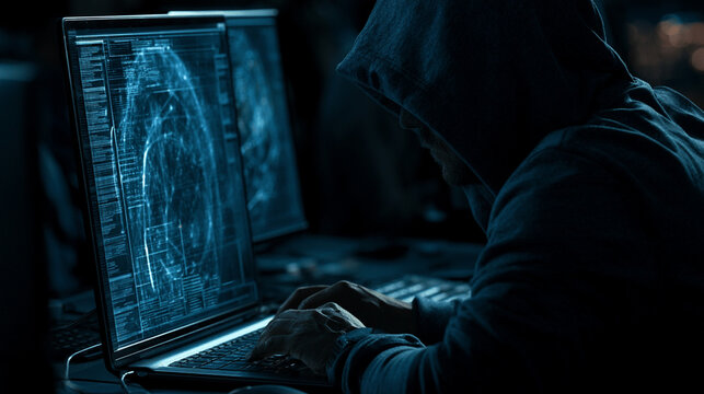 A mysterious figure in a hoodie works intently on a laptop, surrounded by digital screens displaying complex data. The scene captures the essence of cybersecurity and hacking.