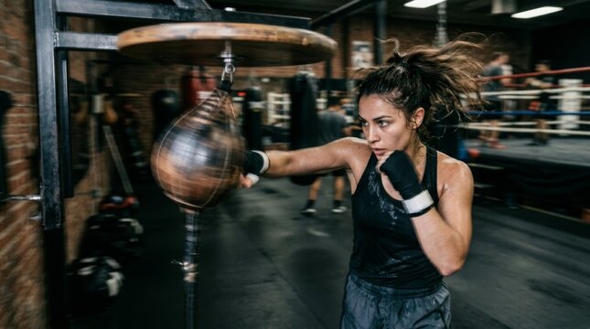 A boxer punches a heavy bag during a gym session.