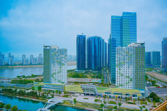 Songdo, Incheon, South Korea; 05 04 2025: The beautiful landscape of Songdo island International Business District (Songdo IBD) in South Korea. It is connected to Incheon airport