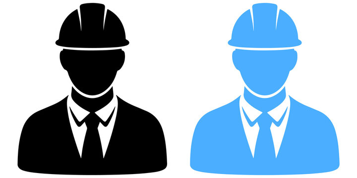Two simple flat depicting a presenter pointing at a screen with an audience below in black and blue