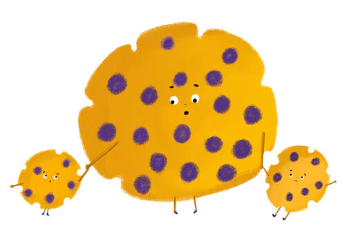 Cute cartoon yellow monster family character with dark purple spots. Friendly alien parent holding hands with two small babies, cosmic creatures or cookie monsters.  