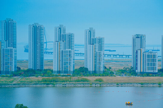 Songdo, Incheon, South Korea; 05 04 2025: The beautiful landscape of Songdo island International Business District (Songdo IBD) in South Korea. It is connected to Incheon airport