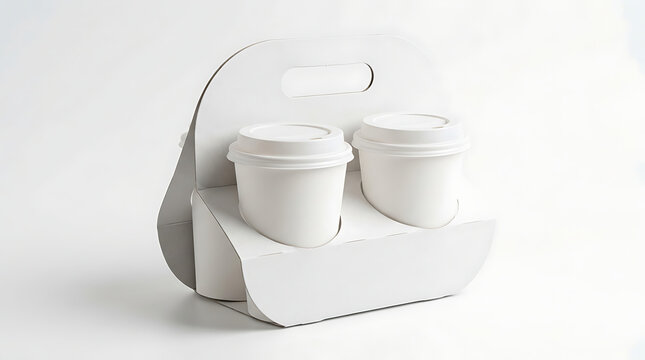 Blank white take away paper coffee cups in a cardboard carrier holder mockup