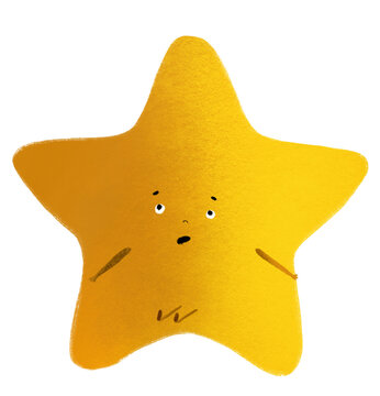 Cute cartoon yellow star character with a surprised face expression. Funny alien or cosmic creature, friendly fantasy space mascot. Hand drawn digital illustration isolated on white background.