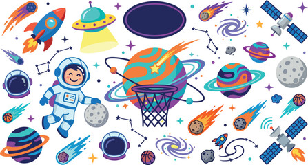 Cute cartoon outer space astronaut sticker set with rocket, ufo, planets, basketball hoop, and satellites isolated on white background vector © Monirul