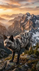 Fototapeta premium Silver fox standing on a mountain peak at sunset
