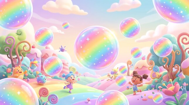 Children playing in a whimsical candy-themed landscape with giant iridescent bubbles floating through a pastel sky create a vibrant and imaginative scene full of childhood wonder and joy.