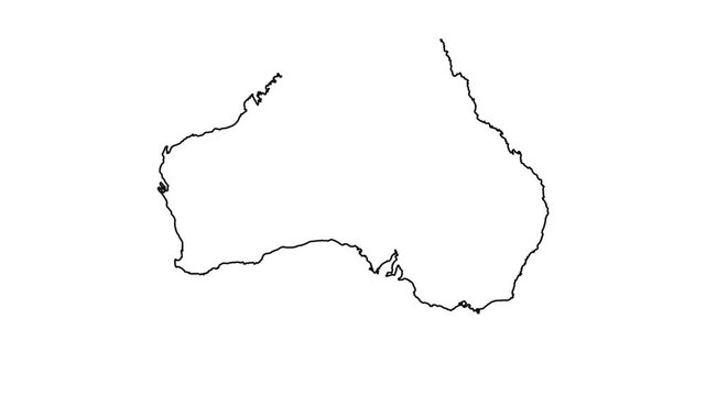 Outline drawing animation of Australia map showing continental borders in black line art.