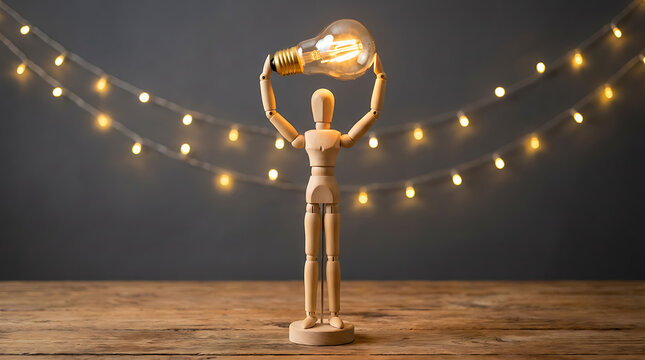 Wooden mannequin holding a glowing light bulb as a symbol of inspiration and ideas
