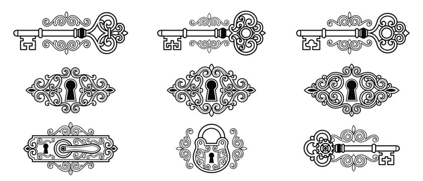 Antique key and lock vector set with keyhole padlock and vintage skeleton key illustration for security icon and steampunk logo design