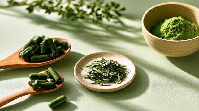Vibrant green capsules, powder, and dried leaves arranged artfully on a pastel background