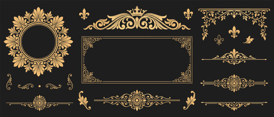 Ornamental gold frame vector set with fleur de lis flourish and swirl border decoration for luxury branding and premium invitation design template © Ahmed