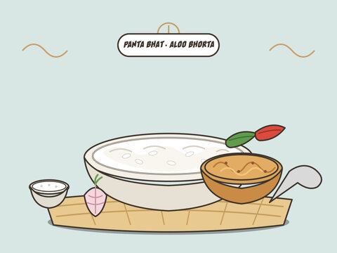 Panta Bhat with Aloo Bhorta Clean flat vector illustration Vectors File