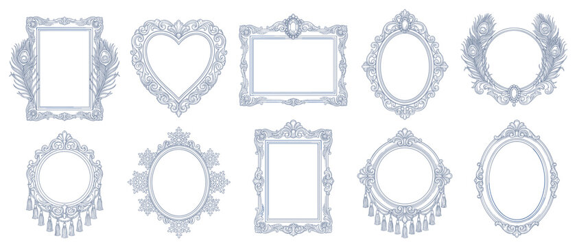 Peacock feather mirror frame vector set with heart oval rectangle shapes ornate baroque border for wedding decor and boutique branding design