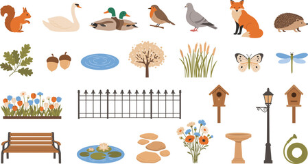 Park wildlife and garden vector elements collection with fox squirrel hedgehog birds pond lily bench and backyard nature icons illustration © MdMonirul