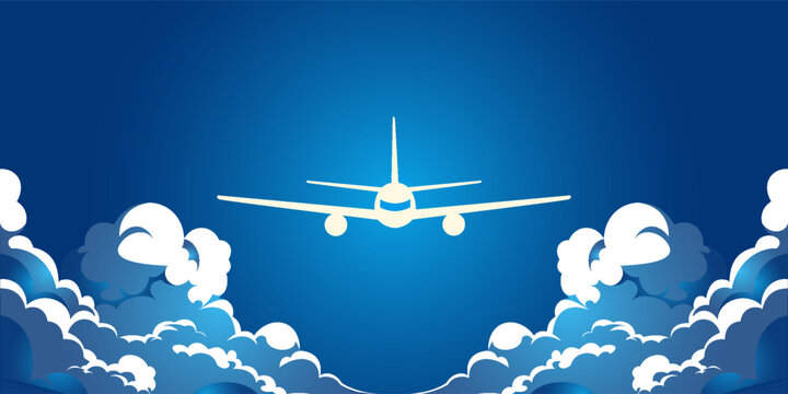 White plane in the blue sky flying above the clouds. Vector background template for web page header