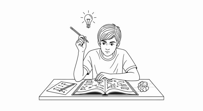 Young person thinking hard studying and having an idea represented by a lightbulb