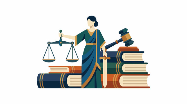 Woman in a sari holds scales and sword by stacked books and gavel