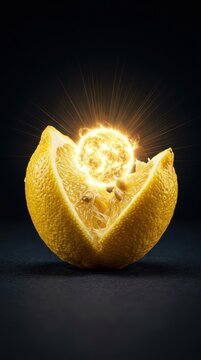 Glowing sun sphere emerging from split lemon